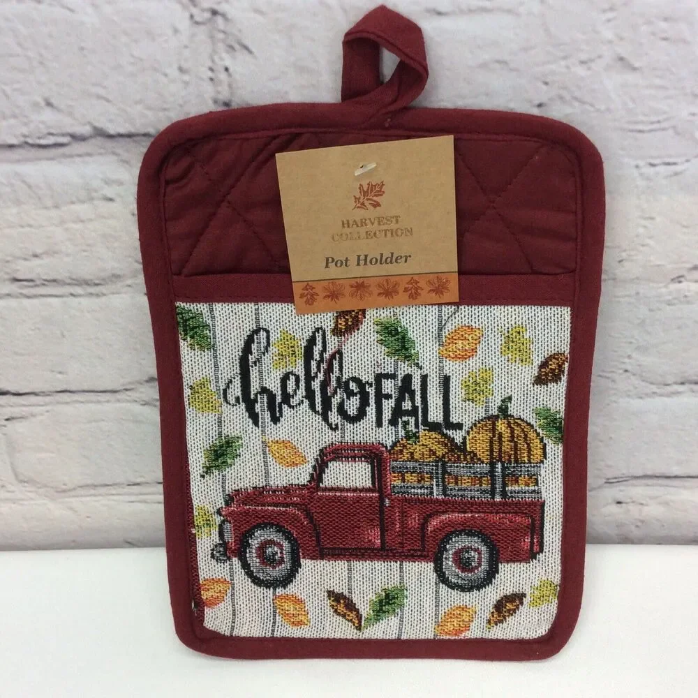 Hello Fall Red Truck 3Pc Kitchen Set Dish Towel/Pot Holder/OvenMitt Multicolored